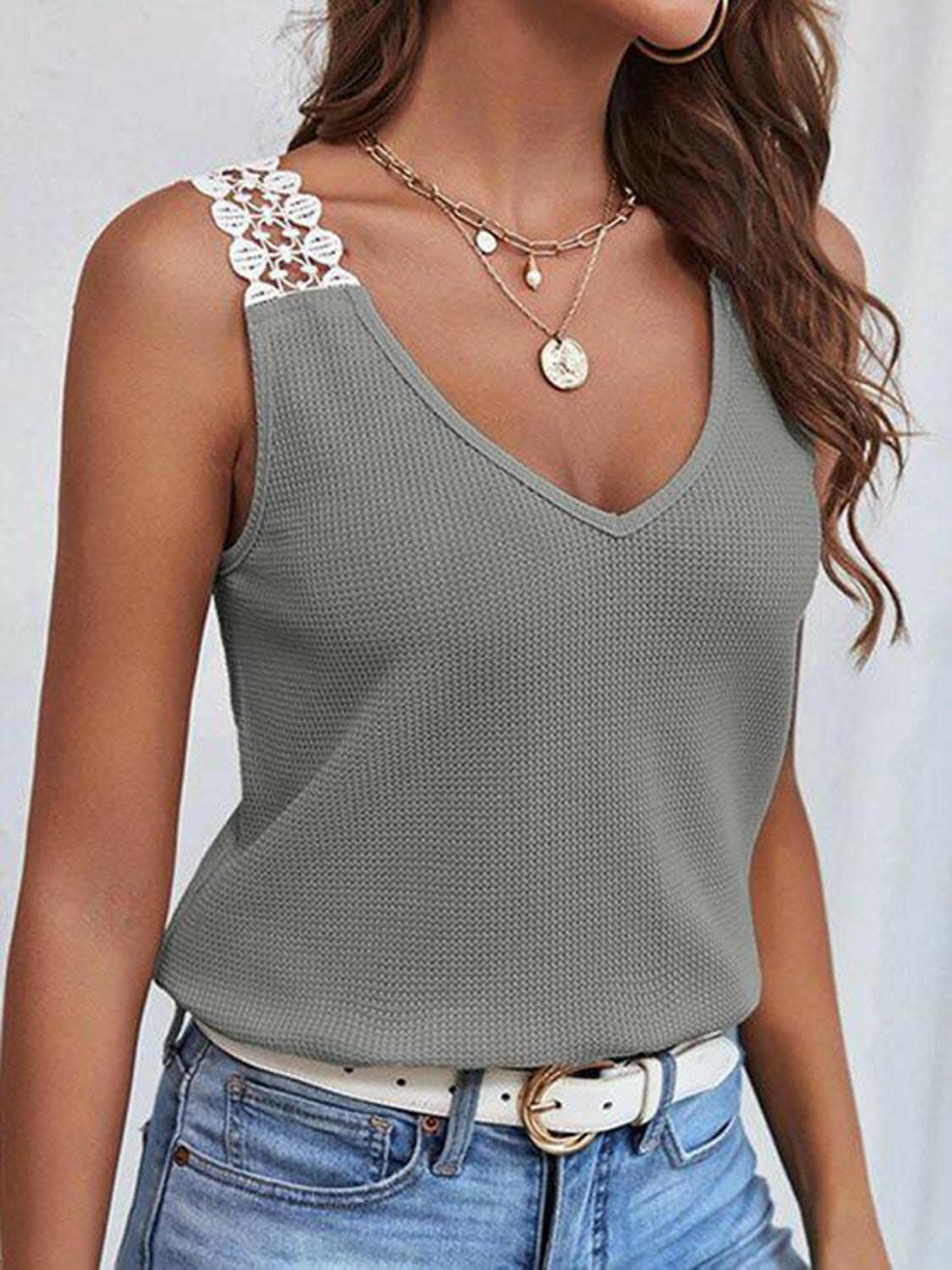 Full Size Lace Detail V-Neck Tank - Love Salve
