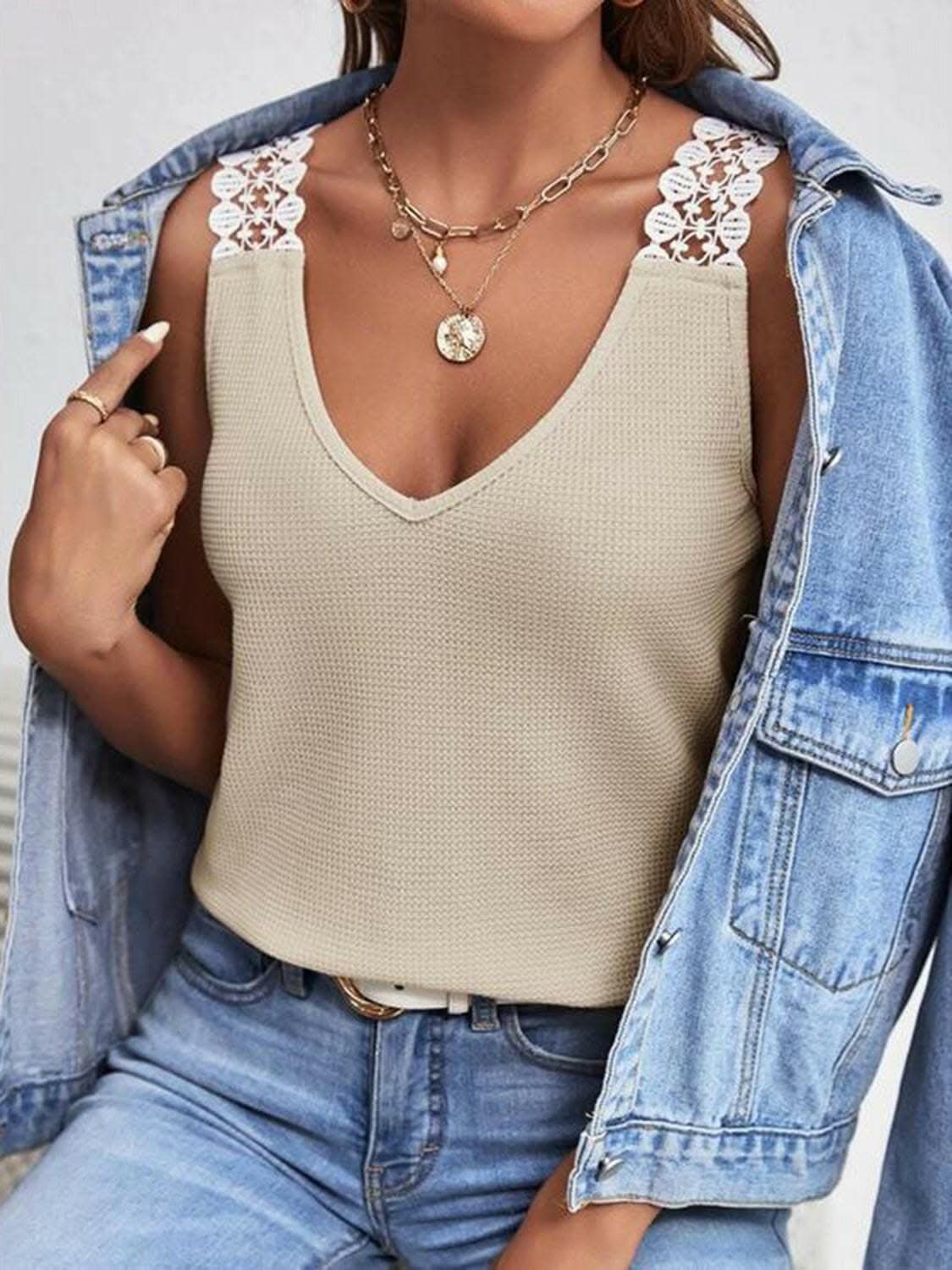Full Size Lace Detail V-Neck Tank - Love Salve