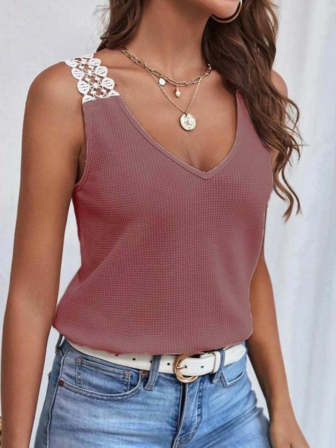Full Size Lace Detail V-Neck Tank - Love Salve