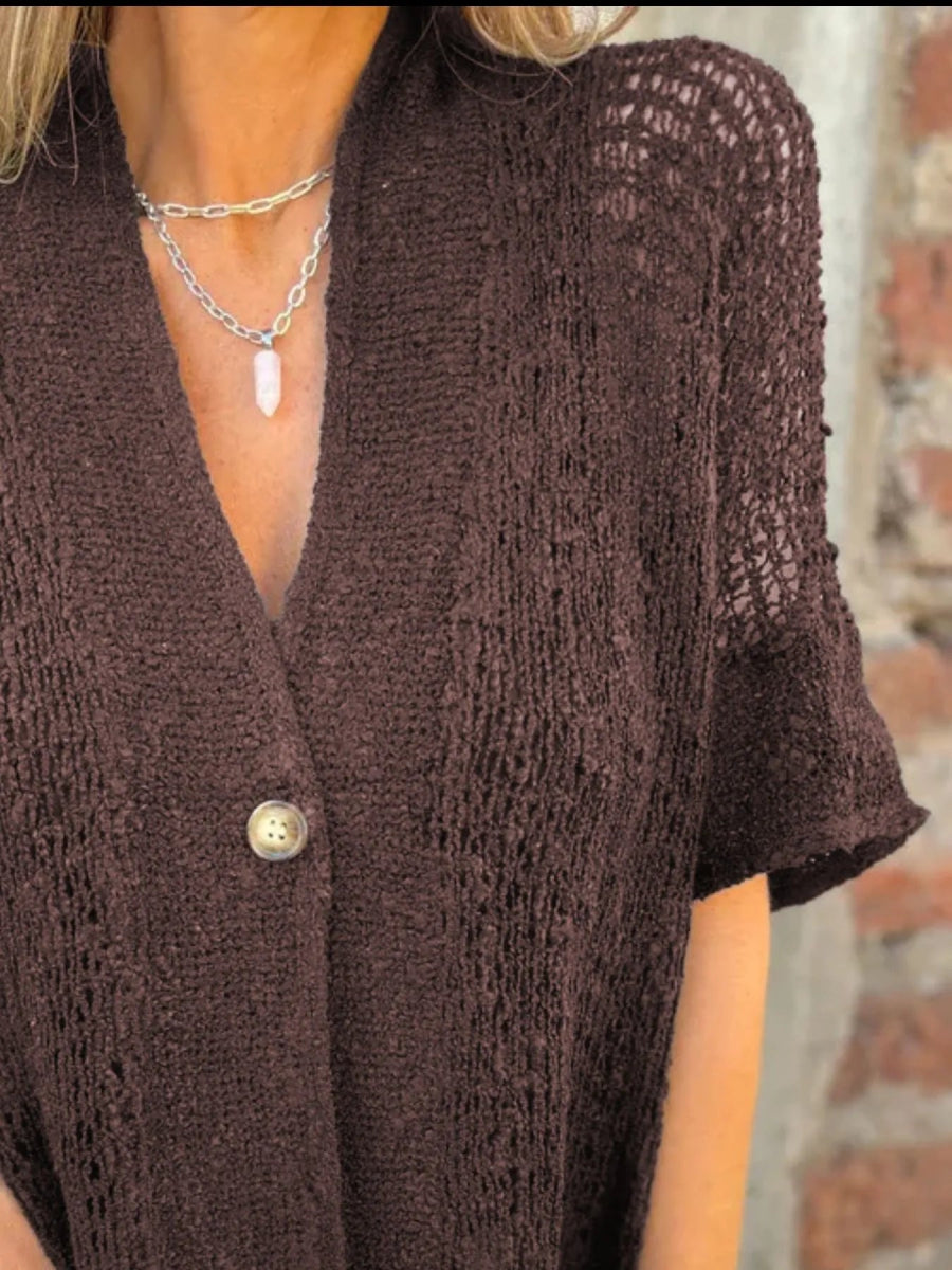 Full Size One Button Openwork Cardigan Plus Size - Love Salve