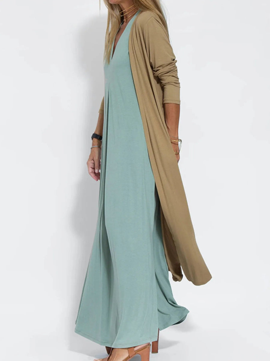 Full Size Open Front Side Slit Longline Cardigan Plus Size - Love Salve