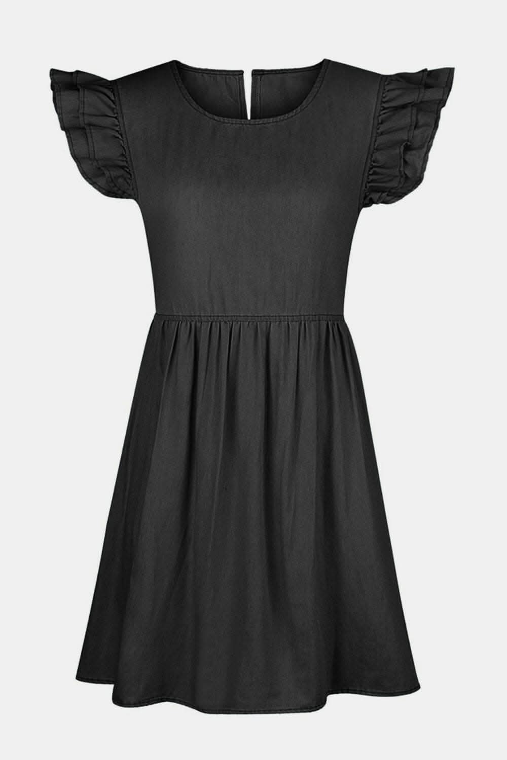 Chic ruffle denim dress, cap sleeves - Love Salve