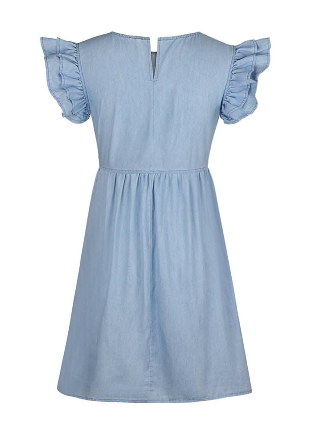 Chic ruffle denim dress, cap sleeves - Love Salve