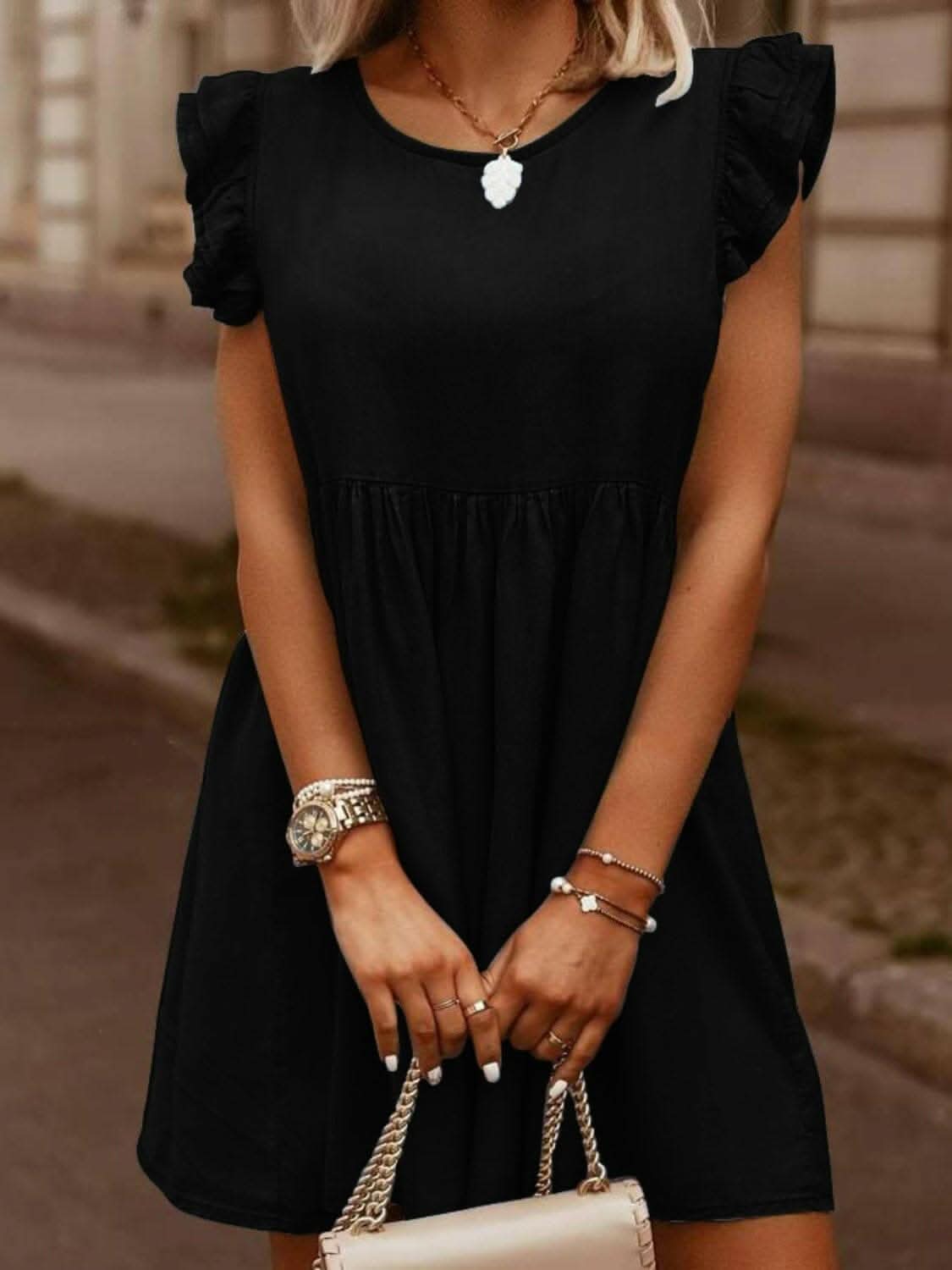 Chic ruffle denim dress, cap sleeves - Love Salve