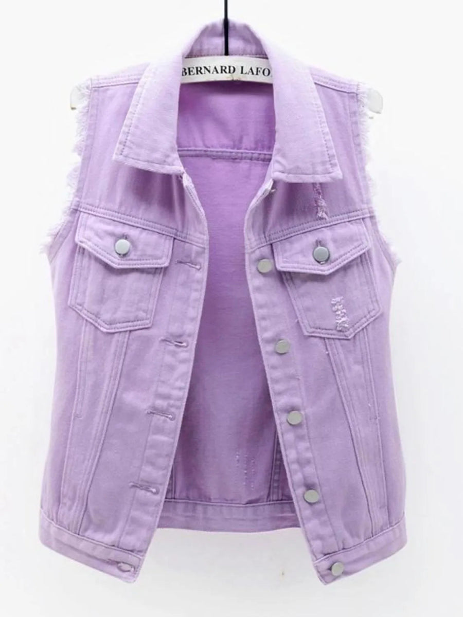 Full Size Sleeveless Frayed Denim Vest Jacket Plus Size - Love Salve
