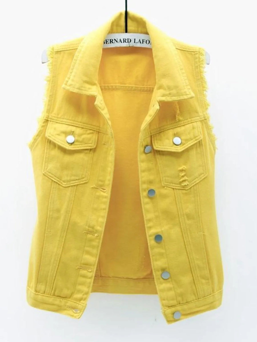 Full Size Sleeveless Frayed Denim Vest Jacket Plus Size - Love Salve