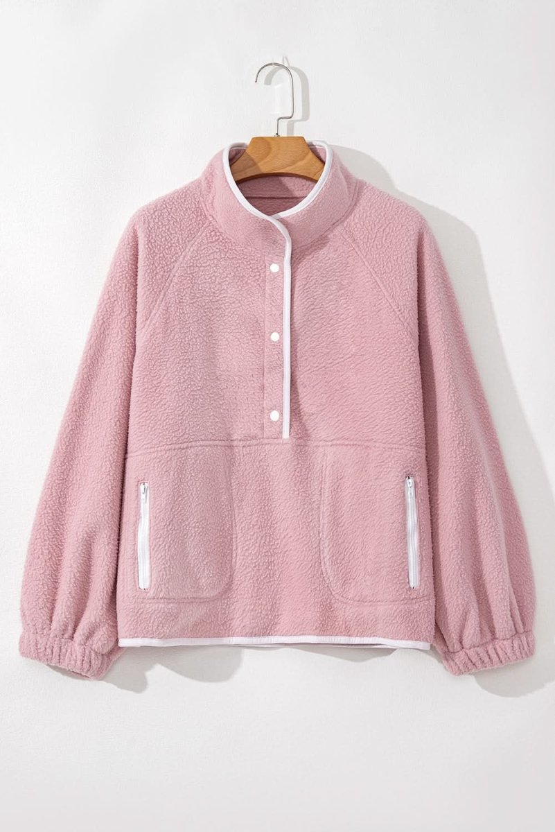 Fushia Stand Neck Half Button Zip Pocket Plush Sweatshirt - Love Salve