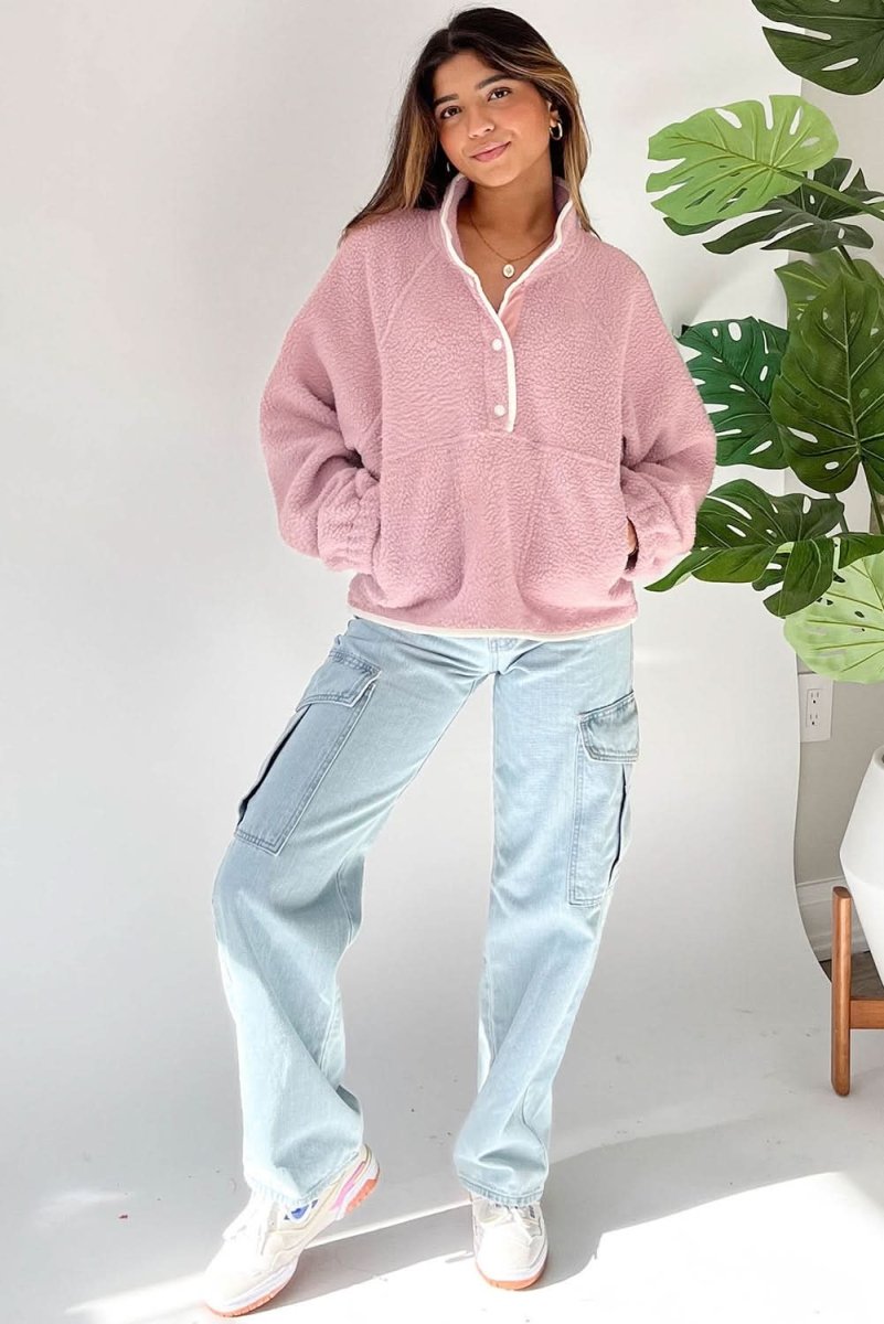 Fushia Stand Neck Half Button Zip Pocket Plush Sweatshirt - Love Salve