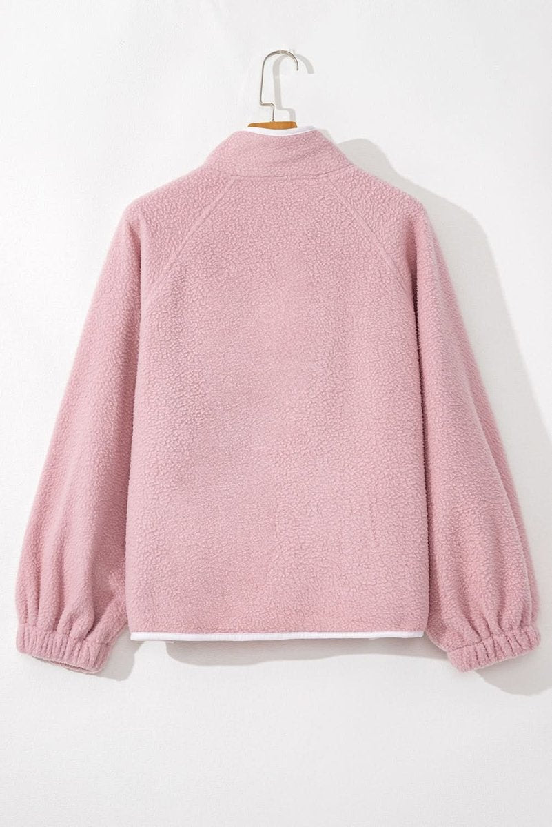 Fushia Stand Neck Half Button Zip Pocket Plush Sweatshirt - Love Salve