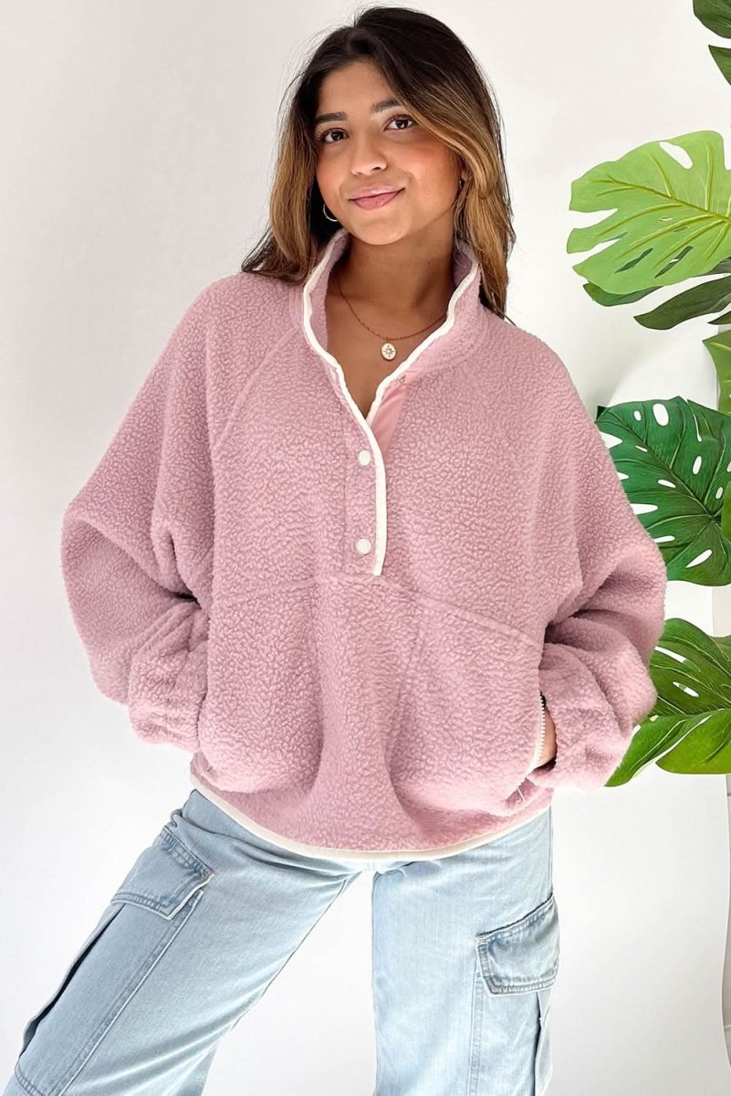 Fushia Stand Neck Half Button Zip Pocket Plush Sweatshirt - Love Salve