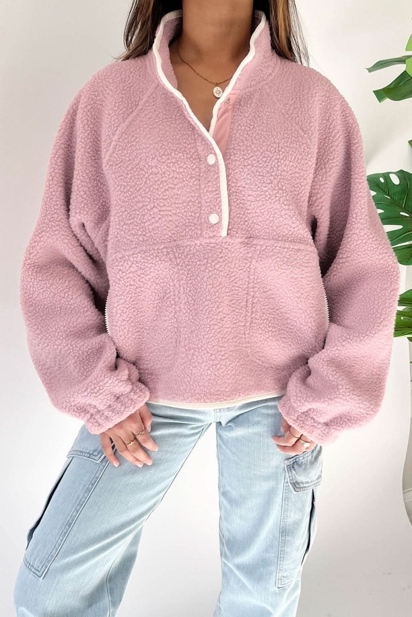 Fushia Stand Neck Half Button Zip Pocket Plush Sweatshirt - Love Salve