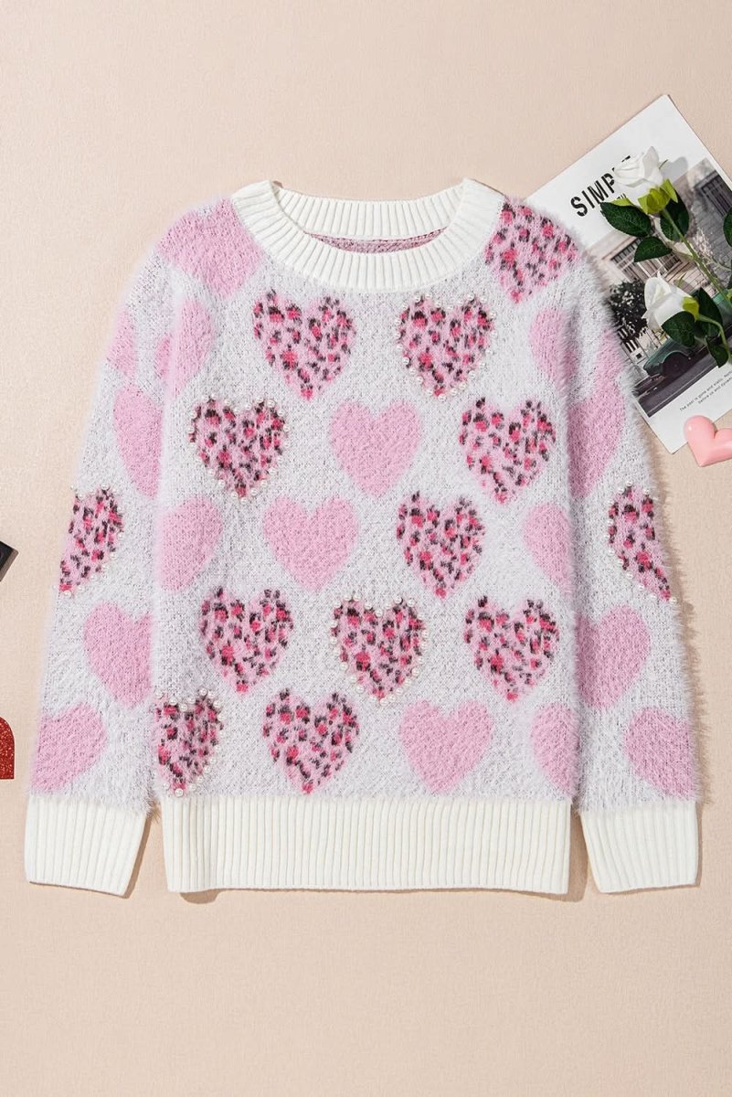 Fuzzy Pink Leopard Heart Sweater with Pearled Accents - Love Salve