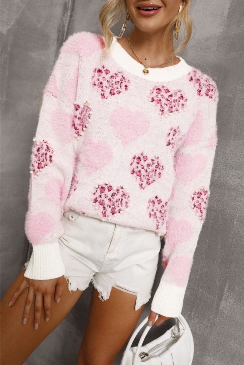 Fuzzy Pink Leopard Heart Sweater with Pearled Accents - Love Salve