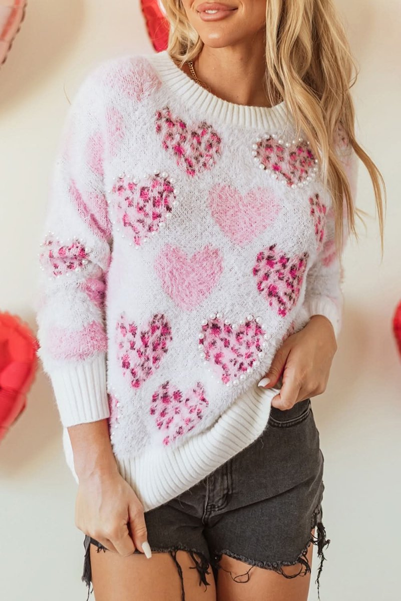 Fuzzy Pink Leopard Heart Sweater with Pearled Accents - Love Salve