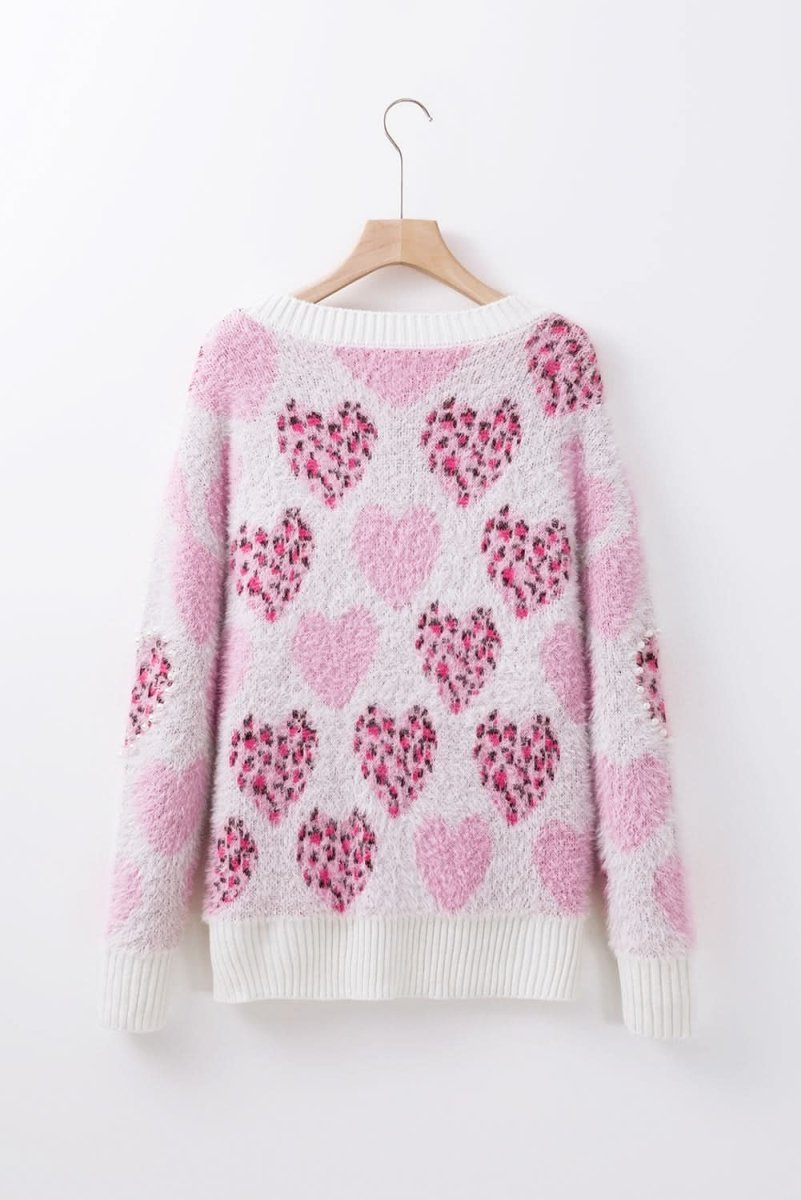 Fuzzy Pink Leopard Heart Sweater with Pearled Accents - Love Salve