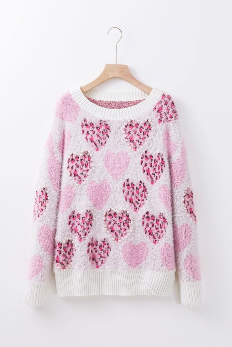 Fuzzy Pink Leopard Heart Sweater with Pearled Accents - Love Salve