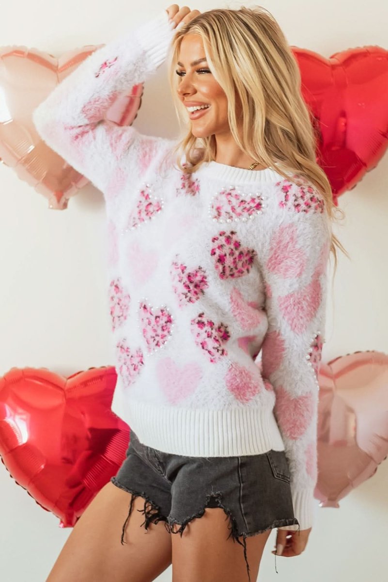 Fuzzy Pink Leopard Heart Sweater with Pearled Accents - Love Salve