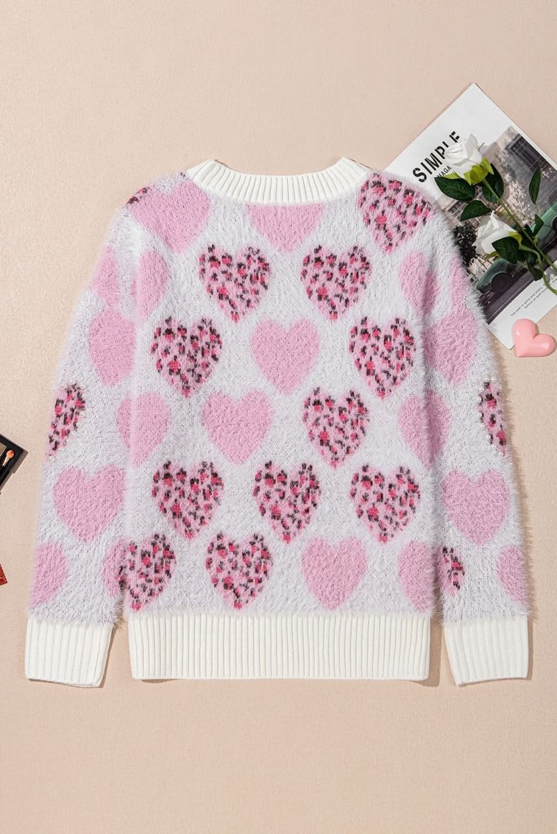 Fuzzy Pink Leopard Heart Sweater with Pearled Accents - Love Salve