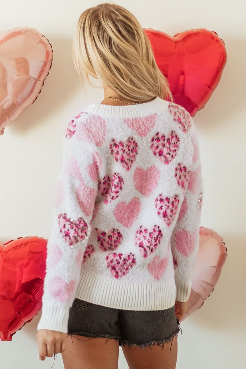 Fuzzy Pink Leopard Heart Sweater with Pearled Accents - Love Salve