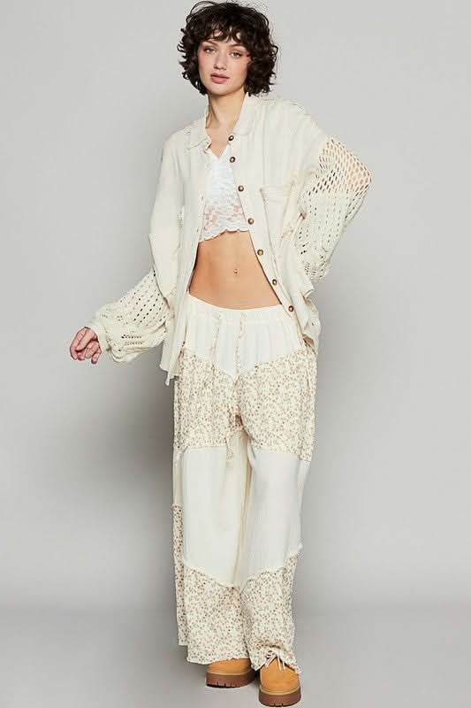 Gauzy Openwork Lantern Sleeve Button-Up Shirt - Love Salve
