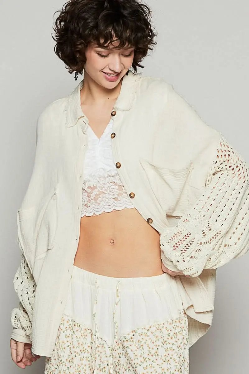 Gauzy Openwork Lantern Sleeve Button-Up Shirt - Love Salve