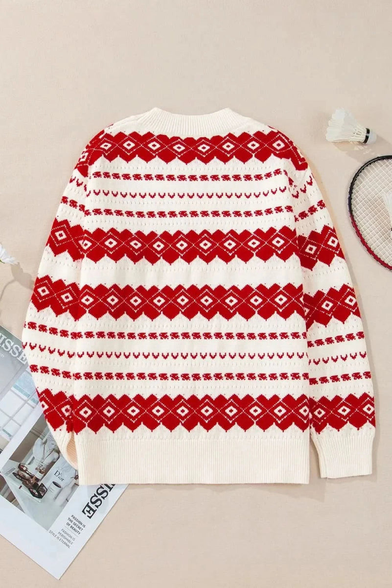 Geometric Round Neck Dropped Shoulder Sweater - Love Salve