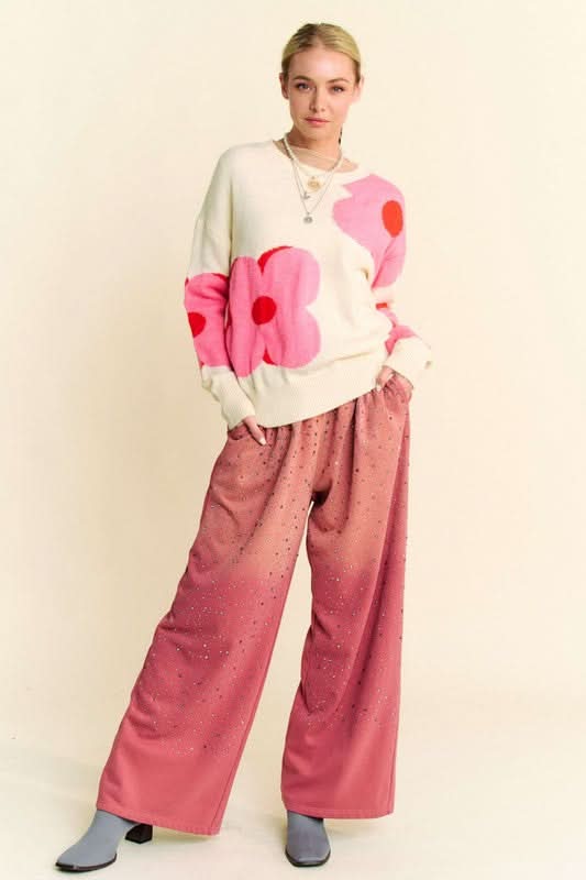 Glamorous Rhinestone-Embellished Wide Leg Pants with Adjustable Drawstring - Love Salve