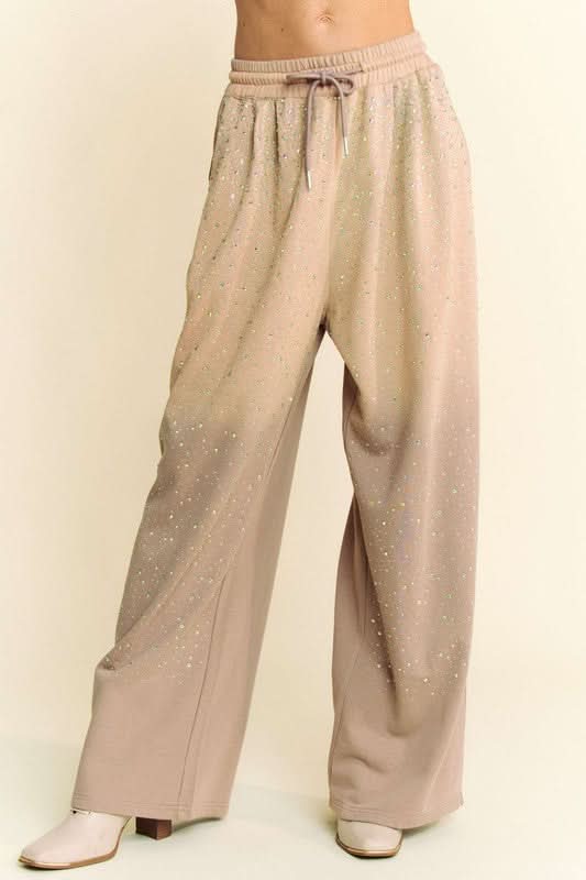 Glamorous Rhinestone Wide Leg Drawstring Pants by Davi & Dani - Love Salve