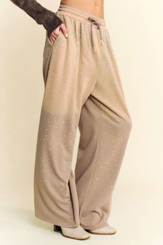 Glamorous Rhinestone Wide Leg Drawstring Pants by Davi & Dani - Love Salve