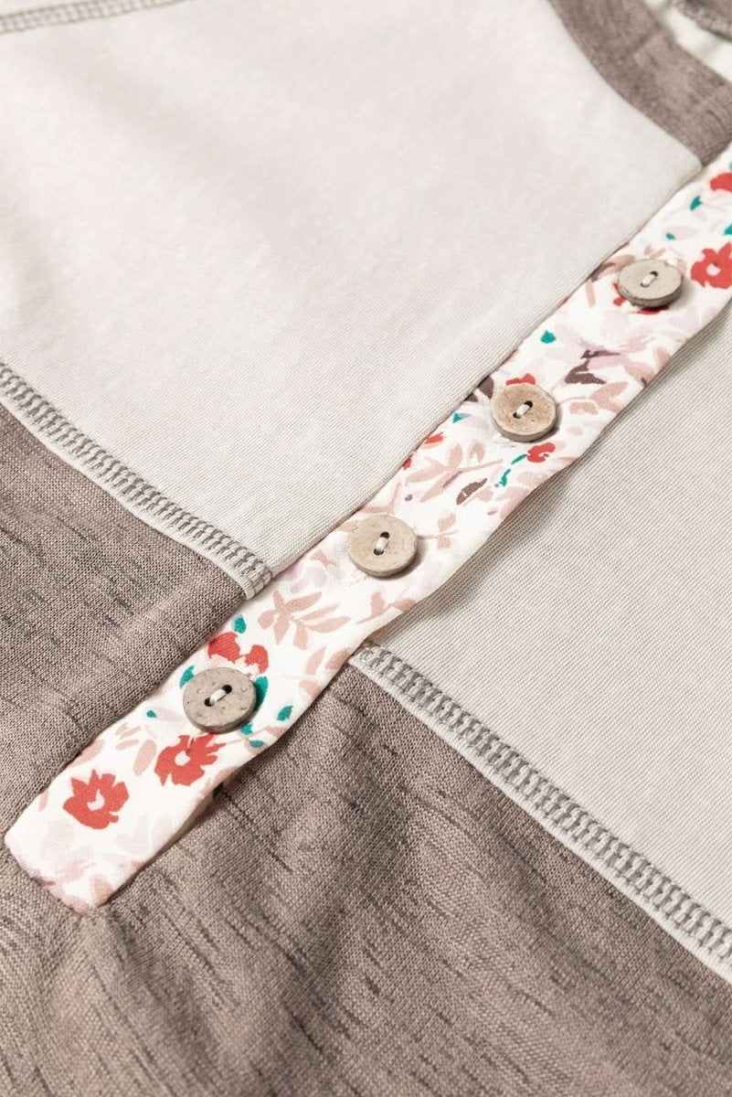 Goat Colorblock Floral Patchwork Flared Sleeve Buttons Henley Top - Love Salve