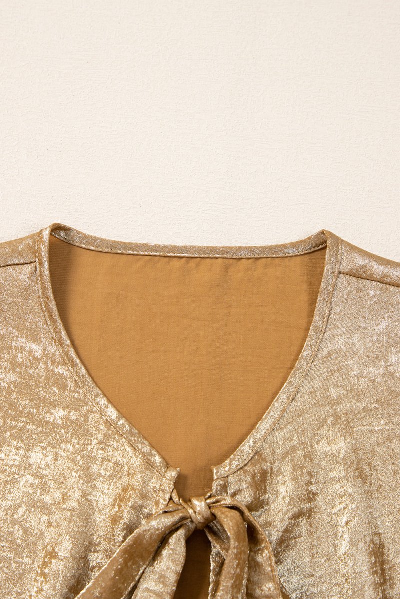 Gold Bow Tie Front Puff 3/4 Sleeve Ruffle Hem Blouse - Love Salve