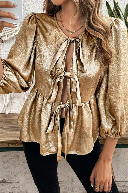 Gold Bow Tie Front Puff 3/4 Sleeve Ruffle Hem Blouse - Love Salve
