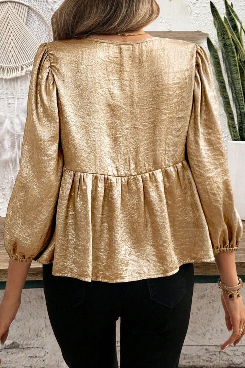 Gold Bow Tie Front Puff 3/4 Sleeve Ruffle Hem Blouse - Love Salve