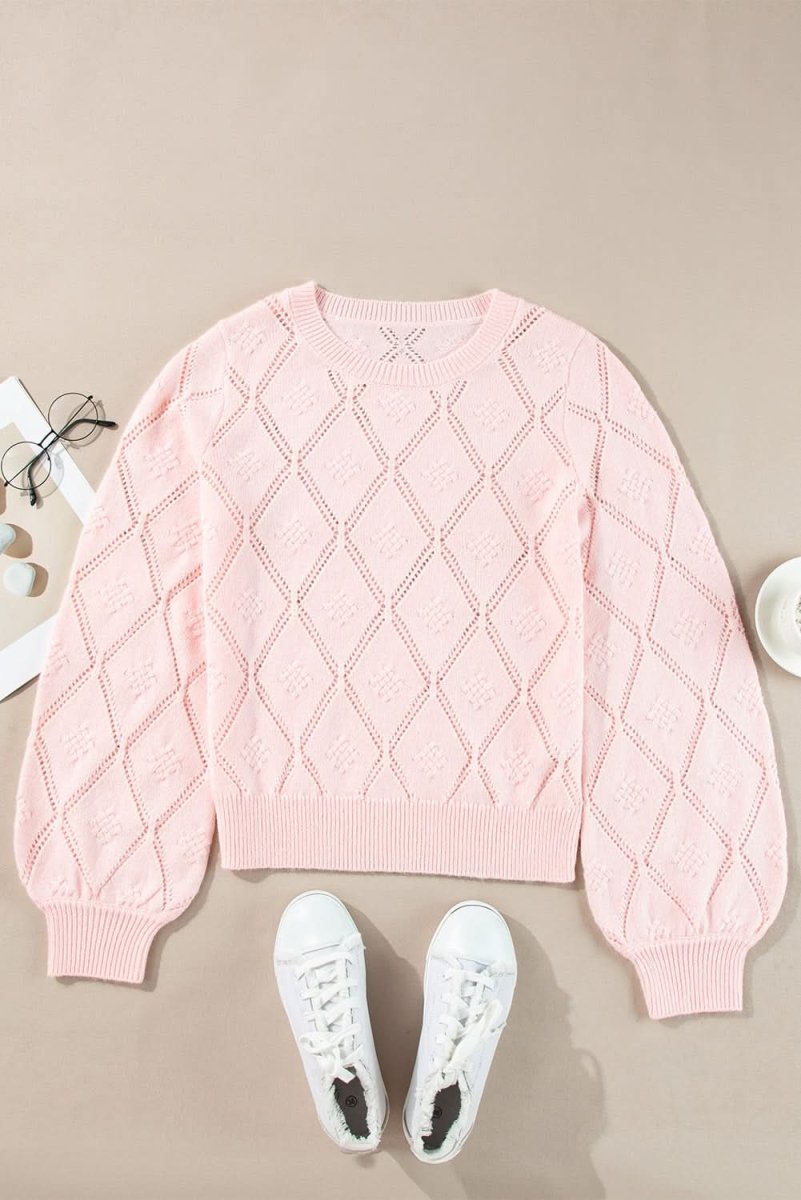 Gossamer Pink Plaid Puff Sleeve Cropped Sweater with Openwork Detail - Love Salve