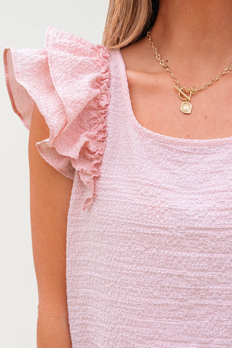 Gossamer Pink Textured Bow Knot Frilled Butterfly Sleeve Blouse - Love Salve