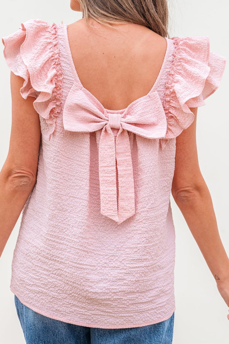 Gossamer Pink Textured Bow Knot Frilled Butterfly Sleeve Blouse - Love Salve