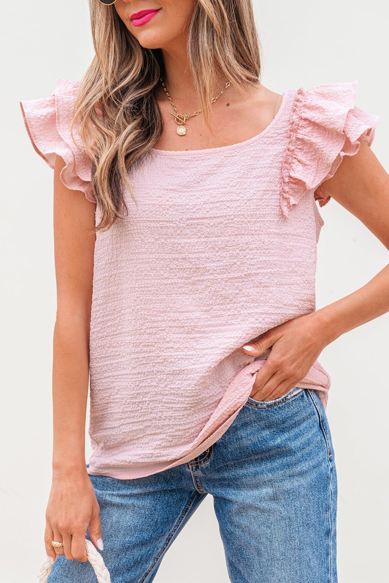Gossamer Pink Textured Bow Knot Frilled Butterfly Sleeve Blouse - Love Salve