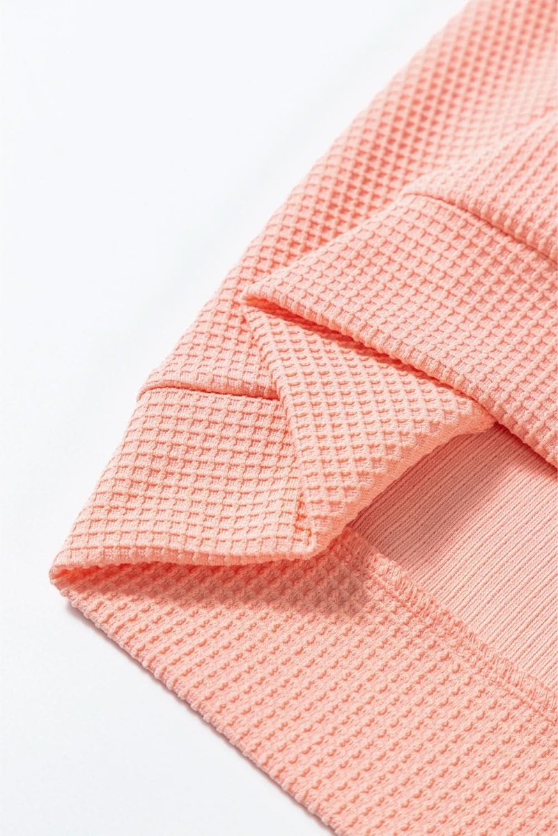 Grapefruit Orange Waffle Knit Wide Bracelet Sleeve Patchwork Raglan Top - Love Salve