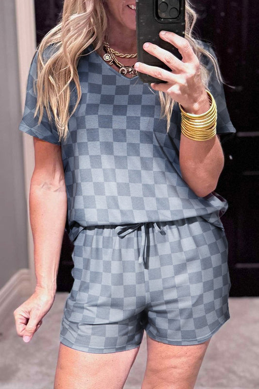 Gray Checkered V Neck Tee Drawstring Shorts Lounge Set for Women - Love Salve