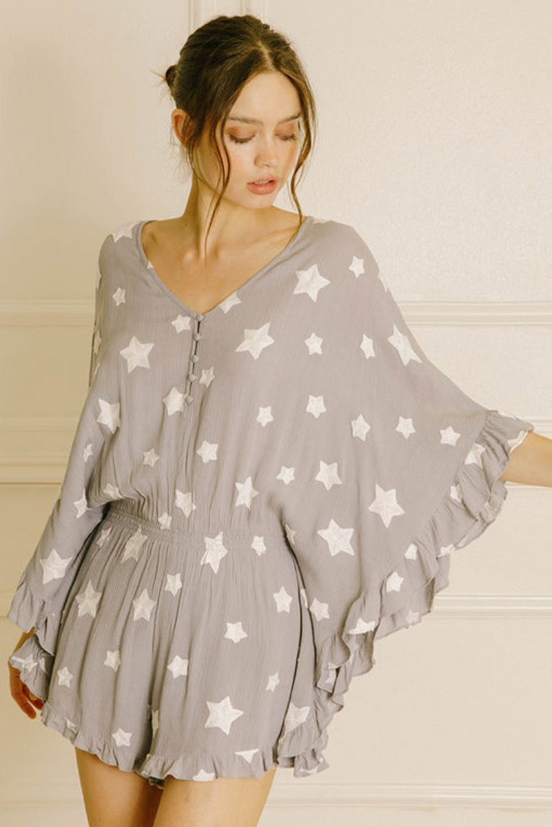 Gray Star Print Crinkle Textured Kimono Ruffle Sleeve Romper - Love Salve