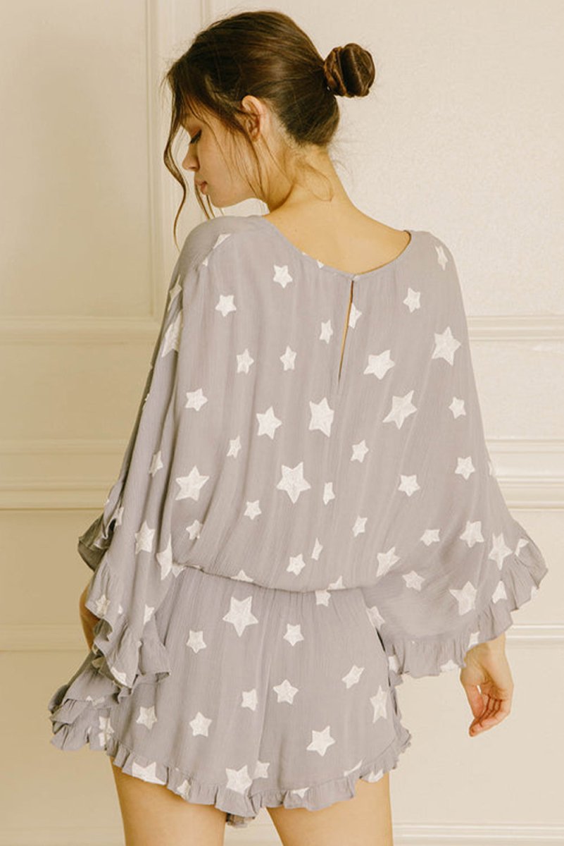 Gray Star Print Crinkle Textured Kimono Ruffle Sleeve Romper - Love Salve