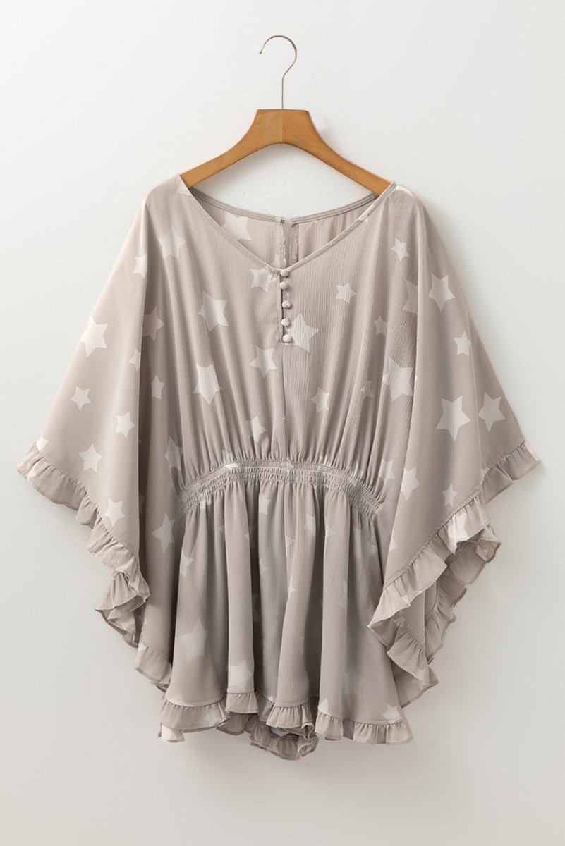 Gray Star Print Crinkle Textured Kimono Ruffle Sleeve Romper - Love Salve