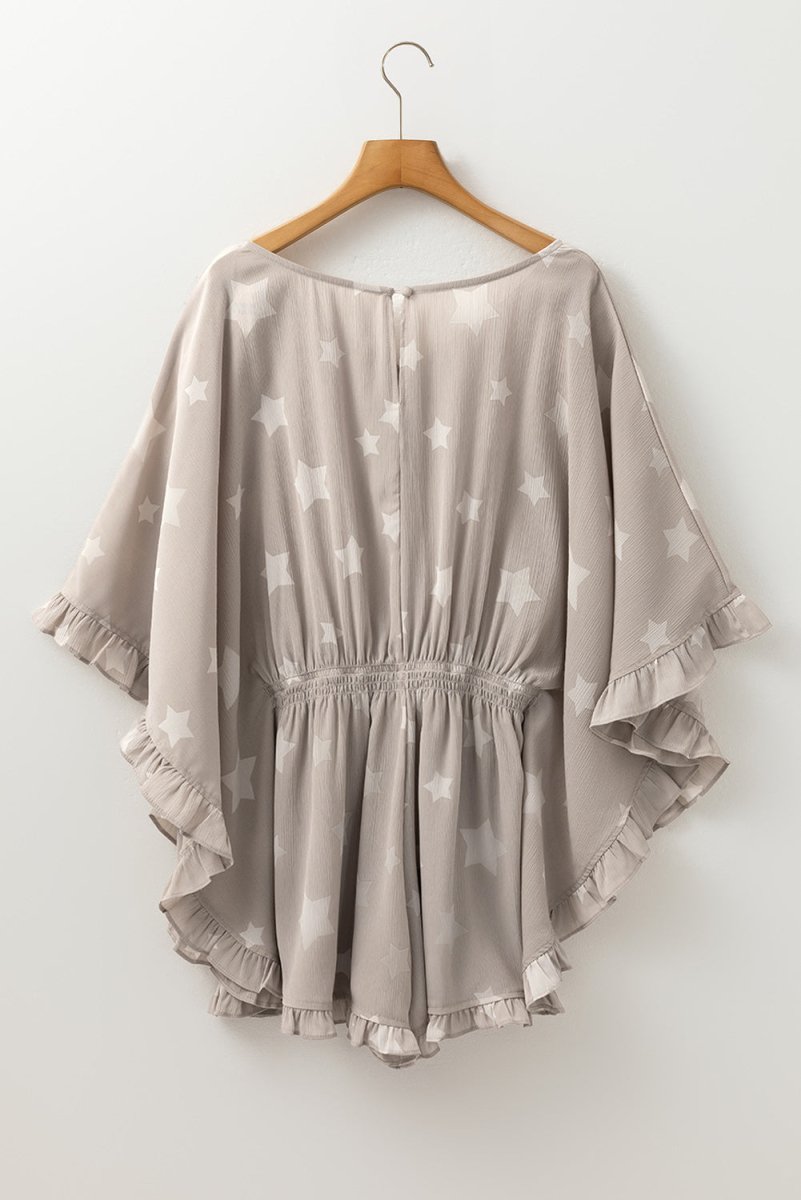 Gray Star Print Crinkle Textured Kimono Ruffle Sleeve Romper - Love Salve