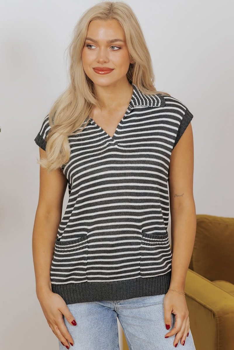 Gray Stripe Collared V Neck Sweater Vest with Pockets - Love Salve