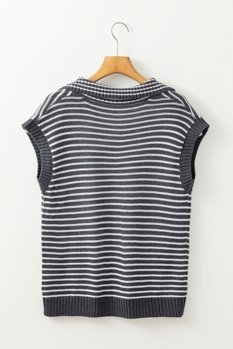 Gray Stripe Collared V Neck Sweater Vest with Pockets - Love Salve