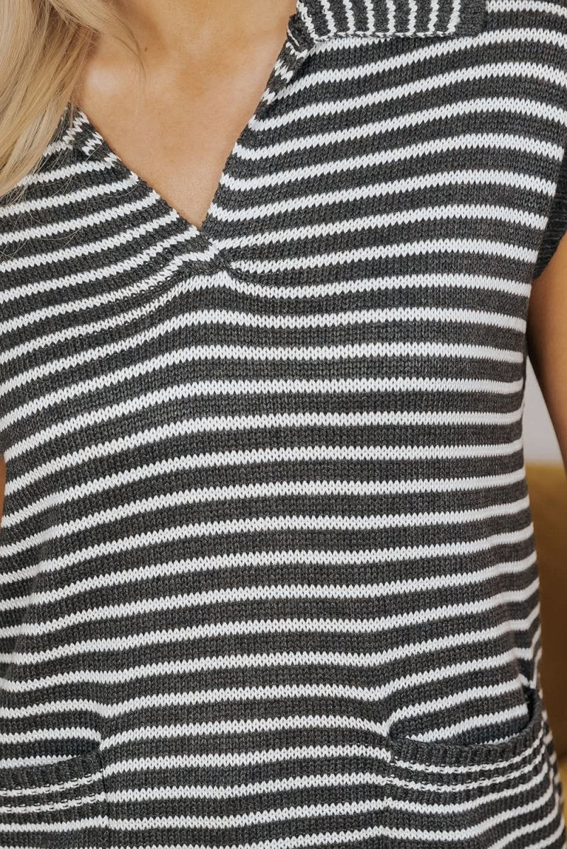 Gray Stripe Collared V Neck Sweater Vest with Pockets - Love Salve