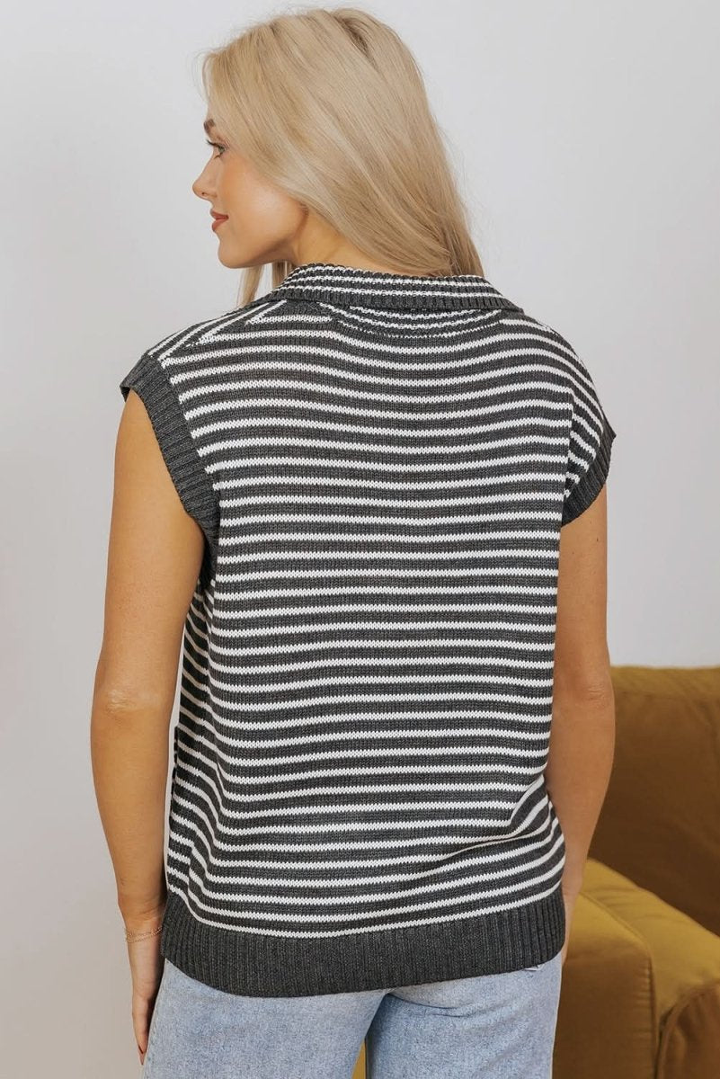 Gray Stripe Collared V Neck Sweater Vest with Pockets - Love Salve