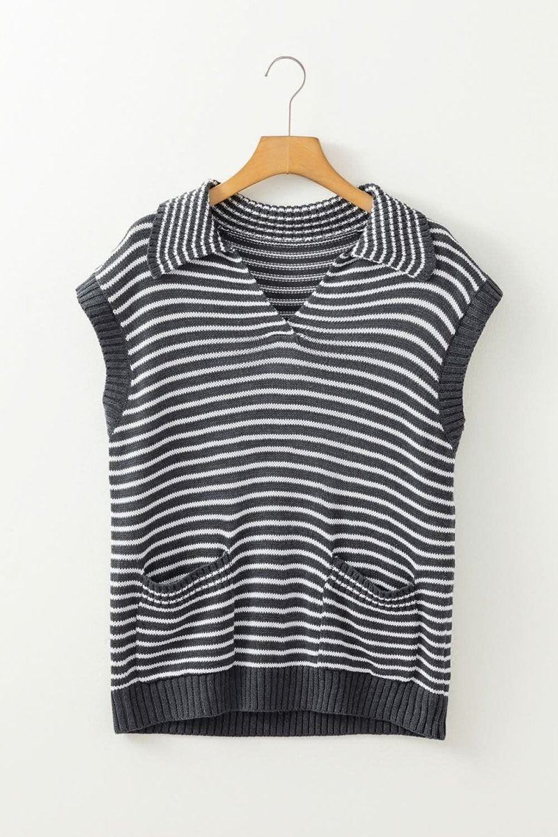 Gray Stripe Collared V Neck Sweater Vest with Pockets - Love Salve