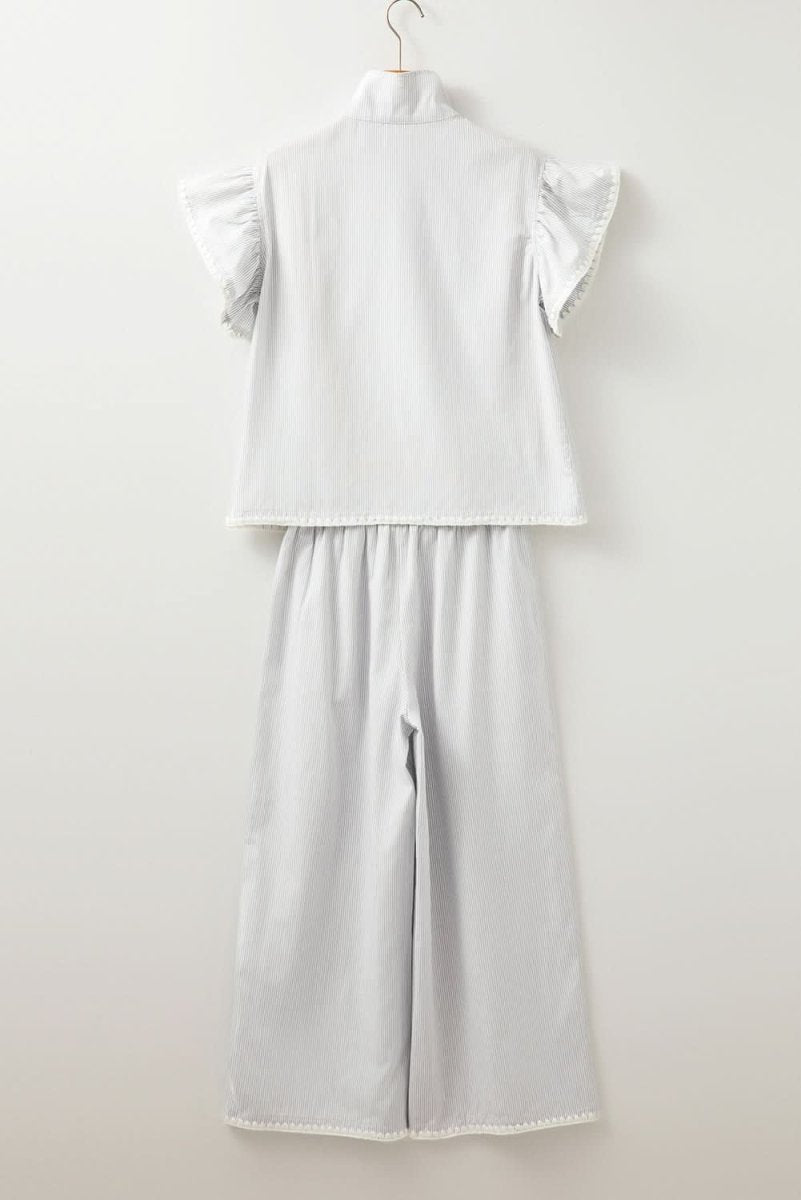 Gray Striped Short Sleeve Zipped Collar Top & Wide Leg Pants Set - Love Salve