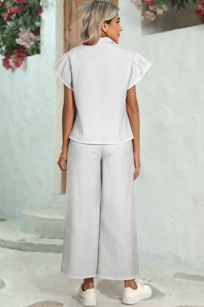 Gray Striped Short Sleeve Zipped Collar Top & Wide Leg Pants Set - Love Salve